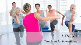  Presentation with exercise class - Colorful PPT theme enhanced with people doing power fitness exercise backdrop and a  colored foreground