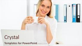  Presentation with coffee - Amazing theme having people dreaming - young businesswoman drinking coffee backdrop and a  colored foreground