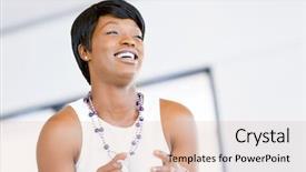  Presentation with golden trophy cup - Audience pleasing PPT theme consisting of people drinking coffee - young woman in office holding backdrop and a  colored foreground