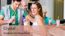  Presentation with protein bar - Presentation design having people drinking protein shakes background and a coral colored foreground