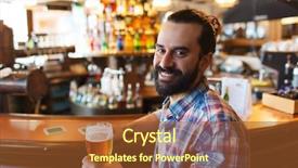  Presentation with pub - Beautiful presentation featuring people drinks alcohol and leisure concept - happy young man drinking beer at bar or pub backdrop and a tawny brown colored foreground