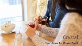  Presentation with dating - Slide deck with people drinks and dating concept - close up of couple drinking tea at cafe background and a coral colored foreground