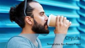  Presentation with wall street - Slide set featuring people drinks and lifestyle concept - man drinking coffee from disposable paper cup on street over ribbed blue wall background background and a teal colored foreground