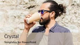  Presentation with people street - Slides featuring people drinks leisure and lifestyle - man drinking coffee from disposable paper cup on city street background and a soft green colored foreground