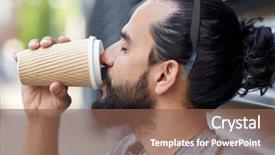  Presentation with people street - Colorful presentation design enhanced with people drinks leisure and lifestyle - man drinking coffee from disposable paper cup on city street backdrop and a violet colored foreground