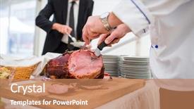  Presentation with catering - Beautiful slides featuring people during an event backdrop and a coral colored foreground