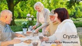  Presentation with birthday cake - Presentation theme consisting of people eating cake at birthday background and a soft green colored foreground