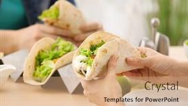  Presentation with fish tacos - Colorful PPT layouts enhanced with people eating delicious fish tacos at wooden table backdrop and a coral colored foreground