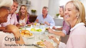  Presentation with people enjoying - PPT layouts having people eating dinner - group of friends enjoying meal background and a  colored foreground