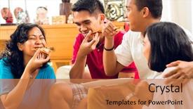  Presentation with dinner party - Beautiful PPT theme featuring people eating pizza at party backdrop and a coral colored foreground