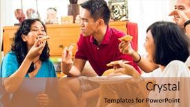  Presentation with dinner party - Colorful theme enhanced with people eating pizza at party backdrop and a coral colored foreground