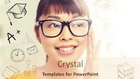  Presentation with doodles - Presentation theme enhanced with people education and school concept - happy asian young woman or teenage student girl in glasses at home with doodles background and a lemonade colored foreground