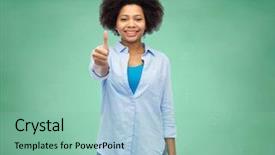  Presentation with chalk board - Presentation theme having people education school and gesture concept - happy afro american young woman showing thumbs up over green chalk board background background and a mint green colored foreground