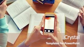  Presentation with education technology - Beautiful slides featuring people education technology and exam backdrop and a  colored foreground