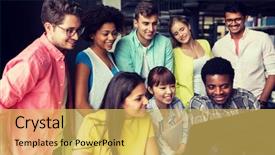  Presentation with international education - Amazing presentation theme having people education technology and school backdrop and a yellow colored foreground