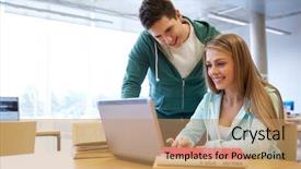  Presentation with technology students - Slide set with people education technology and school concept - happy students with laptop computer networking in library background and a coral colored foreground