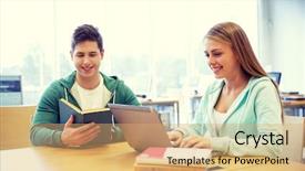  Presentation with technology students - Cool new slides with people education technology and school concept - happy students with laptop computer and books in library backdrop and a coral colored foreground