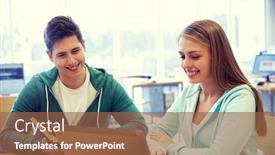  Presentation with school technology - Amazing PPT layouts having people education technology and school concept - happy students with laptop computer and books in library backdrop and a tawny brown colored foreground