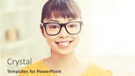 Presentation with vision - Beautiful slides featuring people education vision and portrait concept - happy asian young woman or teenage student girl in glasses at home backdrop and a blonde colored foreground