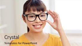  Presentation with vision - Cool new presentation design with people education vision and portrait concept - happy asian young woman or teenage student girl in glasses at home backdrop and a coral colored foreground