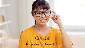  Presentation with vision - Amazing presentation design having people education vision and portrait concept - happy asian young woman or teenage student girl in glasses at home backdrop and a gold colored foreground