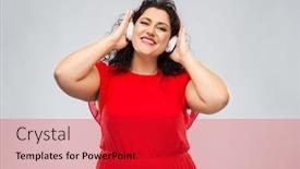  Presentation with electronics - Amazing theme having people electronics and technology concept - happy woman in wireless headphones listening to music over grey background backdrop and a red colored foreground