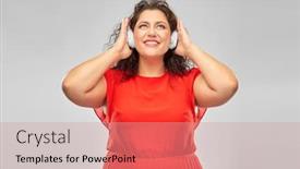  Presentation with electronics - Cool new slides with people electronics and technology concept - happy woman in wireless headphones listening to music over grey background backdrop and a coral colored foreground