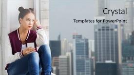  Presentation with girl teens - Presentation theme having people emotion technology and teens concept - sad unhappy pretty teenage girl sitting on windowsill with smartphone and looking through window over singapore city skyscrapers background background and a light gray colored foreground