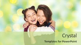  Presentation with green lights - PPT theme enhanced with people emotions teens and friendship concept - happy smiling pretty teenage girls hugging and laughing over green holidays lights background background and a soft green colored foreground