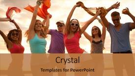  Presentation with people enjoying - Amazing slide set having people enjoying a beach party backdrop and a coral colored foreground