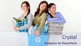  Presentation with recycling - Presentation theme having young women recycling background and a sky blue colored foreground