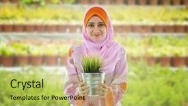  Presentation with nursery plant - Cool new slide set with people environment - concept of young muslim girl backdrop and a yellow colored foreground