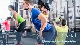  Presentation with group fitness - Cool new slide deck with people exercising in functional fitness backdrop and a ocean colored foreground