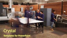  Presentation with machines - Beautiful presentation theme featuring people factory - engineers working on machines backdrop and a tawny brown colored foreground