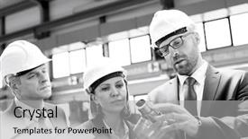  Presentation with machine - Colorful PPT theme enhanced with people factory - mid adult businessman explaining machine backdrop and a  colored foreground