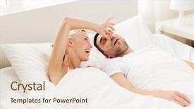  Presentation with snoring - Slide deck having people family bedtime and couple concept - happy woman closing nose to her snoring man sleeping in bed at home background and a sky blue colored foreground