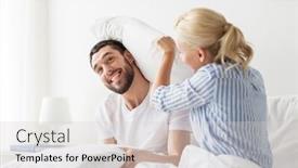  Presentation with fun - Cool new theme with people family bedtime and fun concept - happy couple having pillow fight in bed at home backdrop and a light gray colored foreground