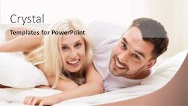  Presentation with happiness - Amazing PPT theme having people family bedtime and happiness concept - happy couple lying in bed at home backdrop and a sky blue colored foreground