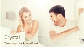  Presentation with fun - Amazing slide set having people family fun bedtime and fun concept - happy couple having pillow fight in bed at home backdrop and a cream colored foreground
