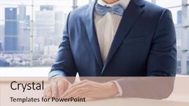  Presentation with office room - Audience pleasing presentation design consisting of people fashion style and wedding concept - close up of best man or groom in suit and bow-tie at table over city office room background backdrop and a soft green colored foreground