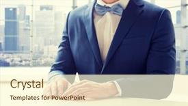  Presentation with office room - Presentation theme with people fashion style and wedding concept - close up of best man or groom in suit and bow-tie at table over city office room background background and a cream colored foreground