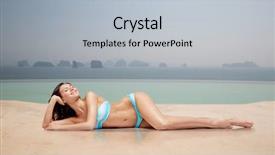  Presentation with fashion - Presentation design featuring people fashion swimwear summer and travel concept - happy young woman lying and tanning in bikini swimsuit background and a light gray colored foreground
