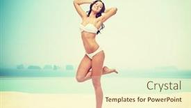  Presentation with infinity - Cool new presentation theme with people fashion swimwear summer and beach concept - happy young woman posing in white bikini swimsuit with raised hands and standing on one leg over infinity pool at beach resort backdrop and a cream colored foreground