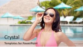  Presentation with travel - Audience pleasing PPT layouts consisting of people fashion swimwear summer and travel concept - happy young woman in sunglasses and pink bikini swimsuit over resort swimming pool with parasols and sunbeds background backdrop and a coral colored foreground