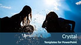  Presentation with summer party - Cool new presentation theme with people feeling free in the sunset having a summer party in the water backdrop and a ocean colored foreground