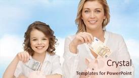  Presentation with budget - Cool new slides with people finances family budget and savings concept - happy mother and daughter with piggy banks and paper money over blue sky background backdrop and a lemonade colored foreground