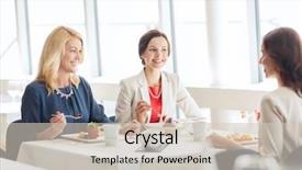  Presentation with people talking - Cool new presentation with people food communication and lifestyle concept - happy women eating dessert and talking at restaurant backdrop and a soft green colored foreground