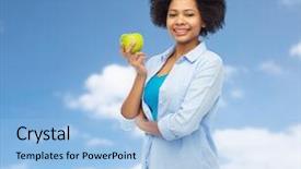  Presentation with african american dental - Audience pleasing slide set consisting of people food healthy eating and dental care concept - happy african american young woman with green apple over blue sky and clouds background backdrop and a light blue colored foreground