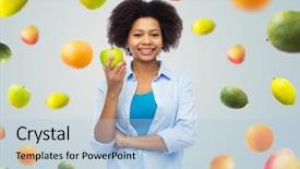  Presentation with african american dental - PPT theme enhanced with people food healthy eating and dental care concept - happy african american young woman with green apple over fruits on blue background background and a light blue colored foreground