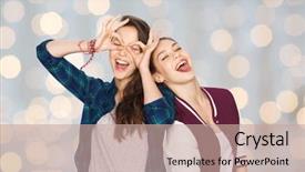  Presentation with teens - Theme enhanced with people friends teens and friendship concept - happy smiling pretty teenage girls having fun and making faces over holidays lights background background and a coral colored foreground